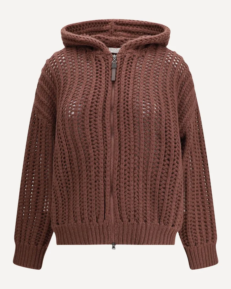 Brunello Cucinelli Balloon Net Embroidery Cardigan in cashmere with a hood Female Brown