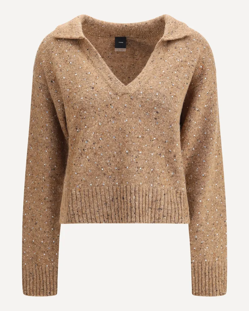 Pinko V-neck Sweater with rhinestones Female Beige