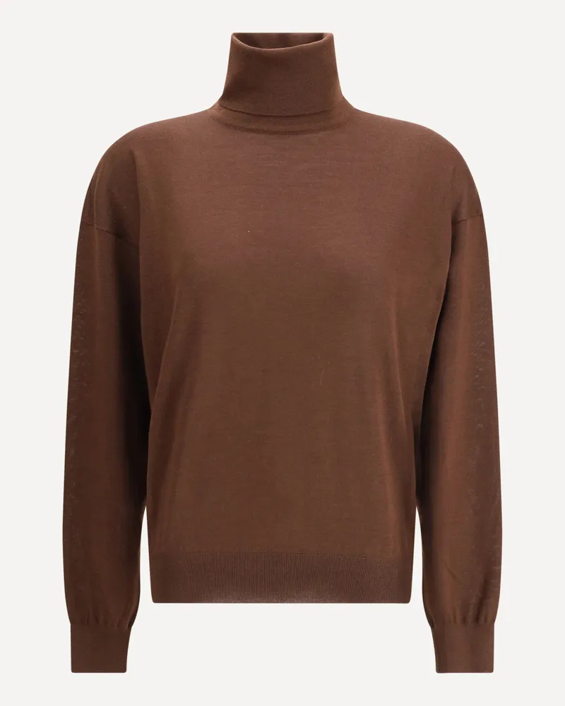 Saint Laurent Turtleneck Pullover in Cashmere, Wool, and Silk Female Brown