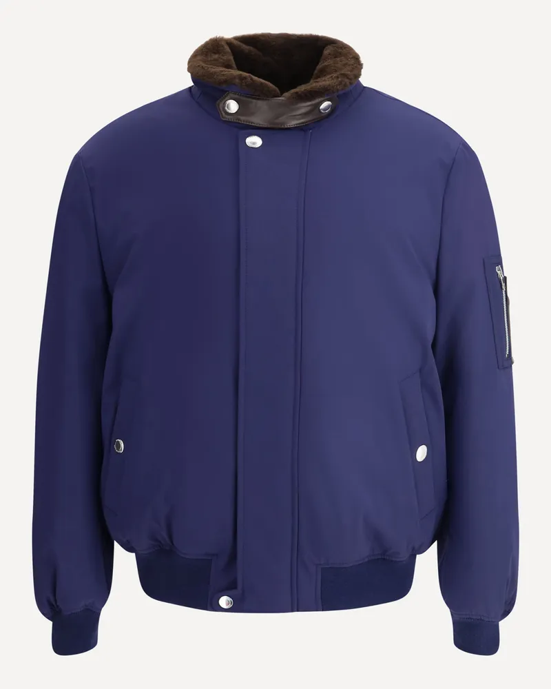 Brunello Cucinelli Nylon Down Jacket with a shearling collar Male Blue