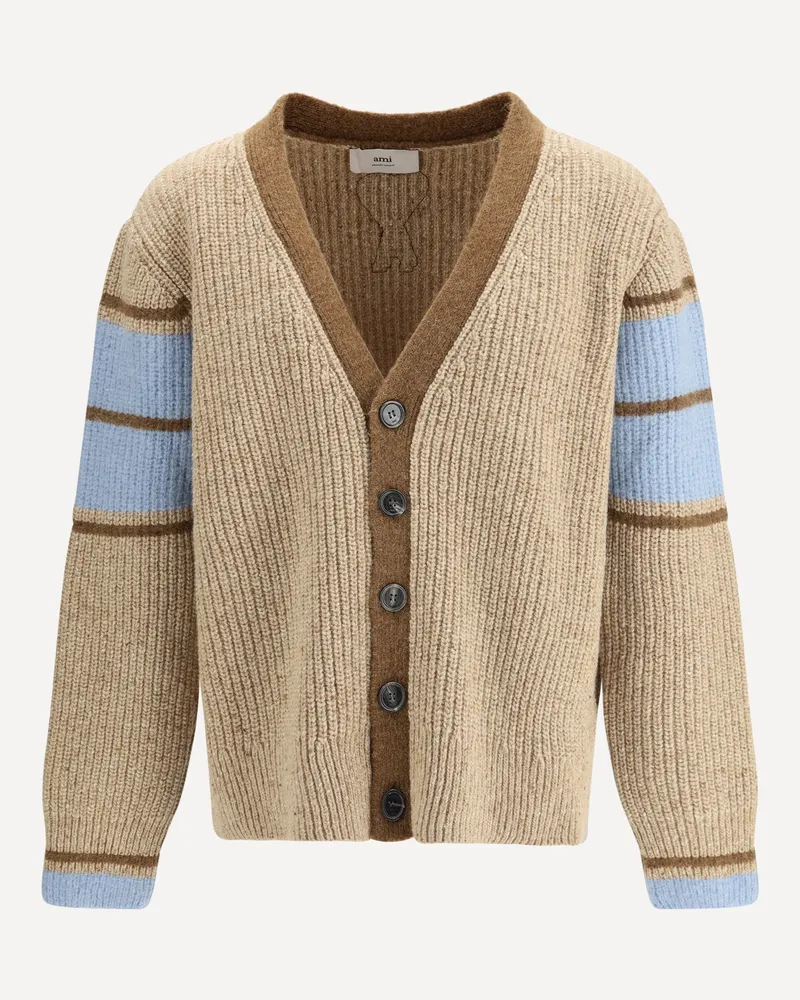 AMI Paris Wool College Cardigan Male Beige