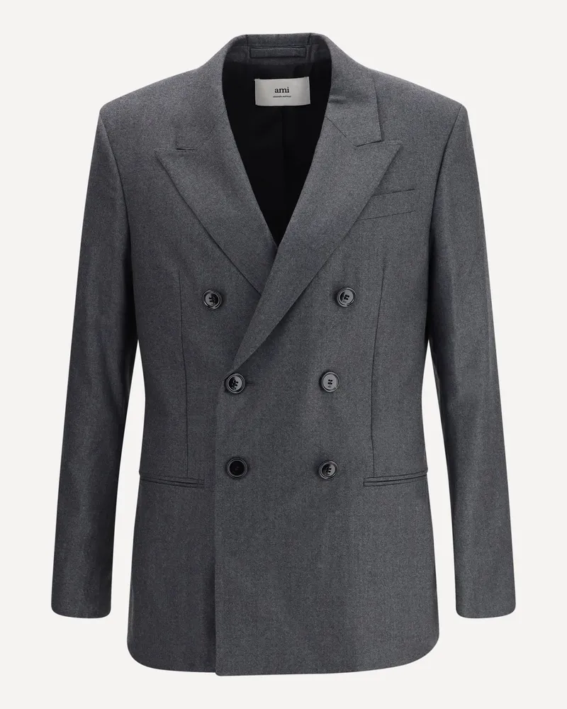 AMI Paris Double-breasted Blazer in Virgin Wool Male Grey
