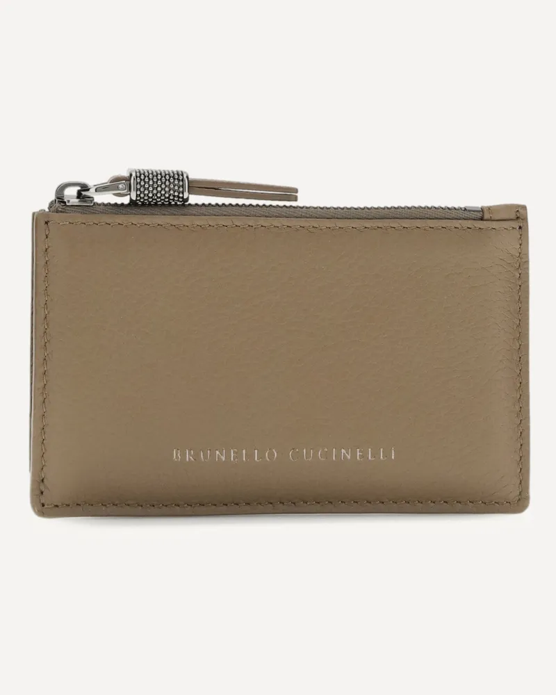 Brunello Cucinelli Leather Card Holder with grain and Shiny Zipper Pull Female Beige