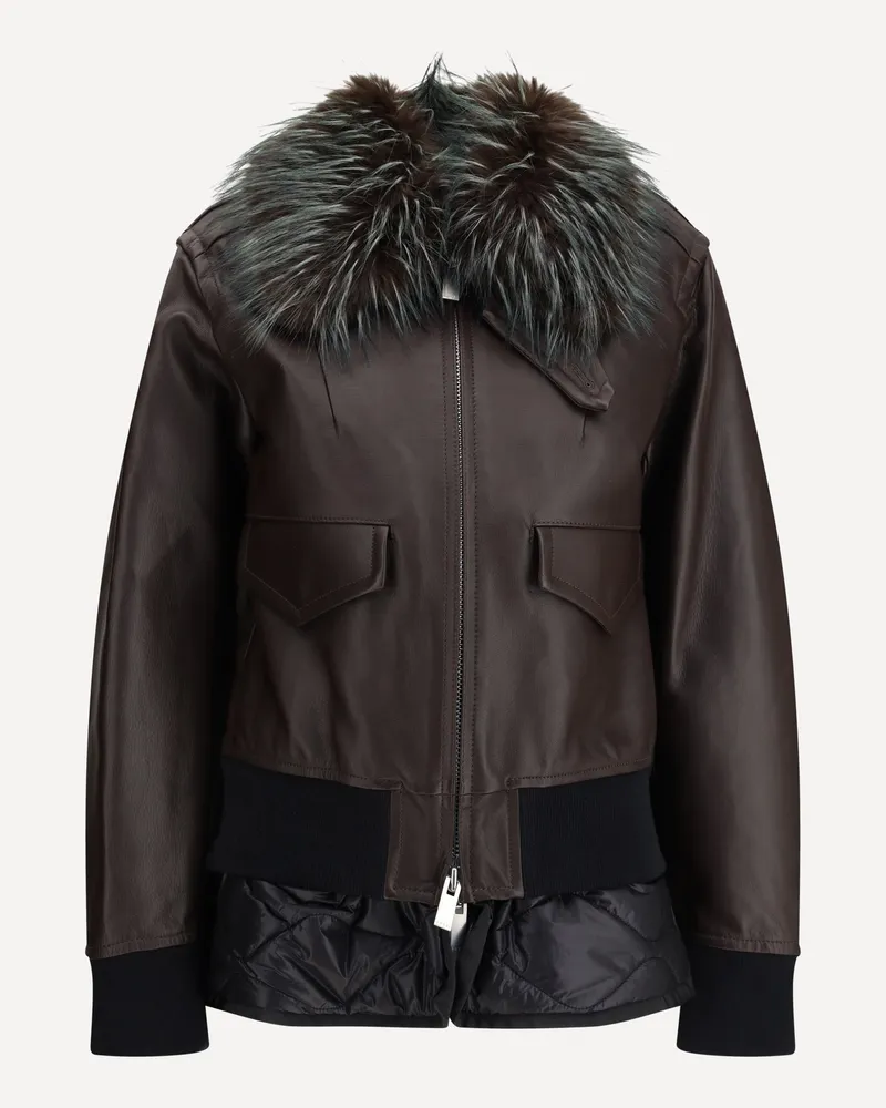 Sacai Leather Jacket with a Plush collar Female Brown