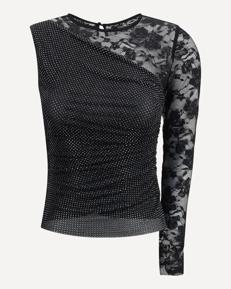 Self-Portrait One-shoulder lace and rhinestone Top Female Black