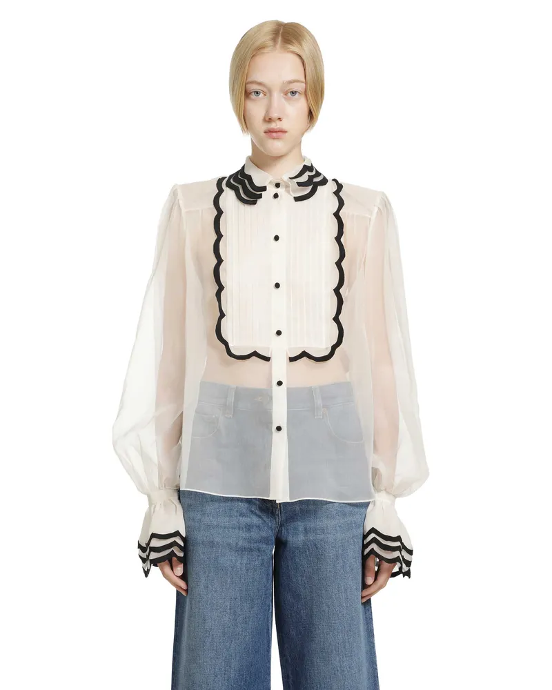 Valentino Garavani Organza Shirt with Embroidered Bib Black&white