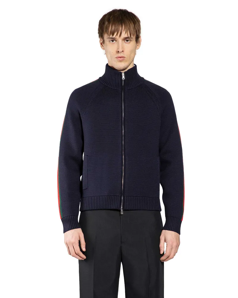 Gucci Web Wool Zip-Up Cardigan Blue