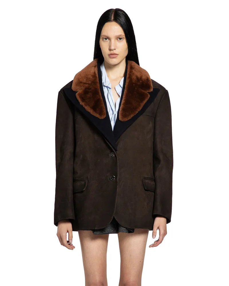 Prada Suede and Shearling Blazer Brown