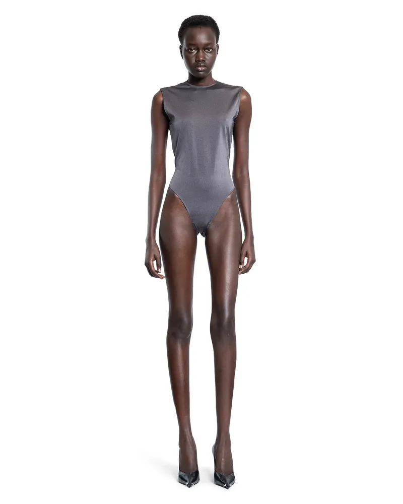 Thierry Mugler Sleeveless Shoulder Logo Bodysuit Grey