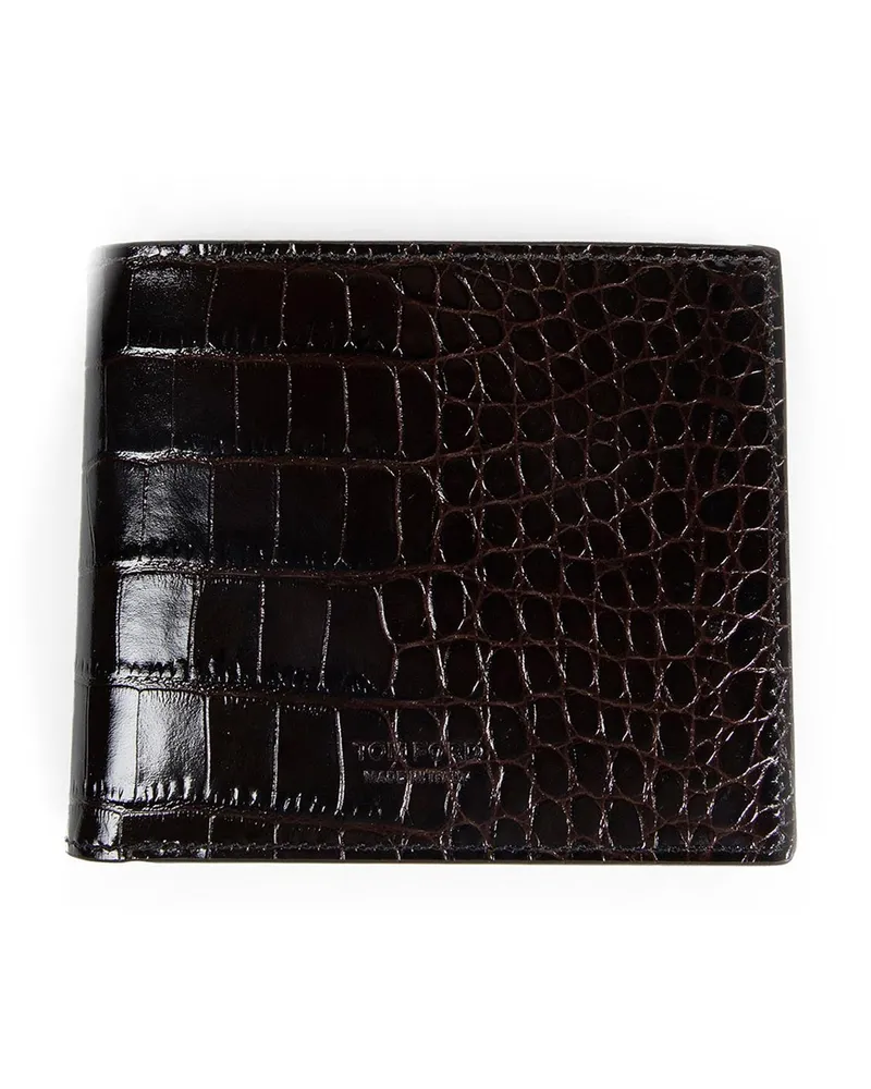 Tom Ford Shiny Stamped Crocodile Leather Bifold Wallet Brown