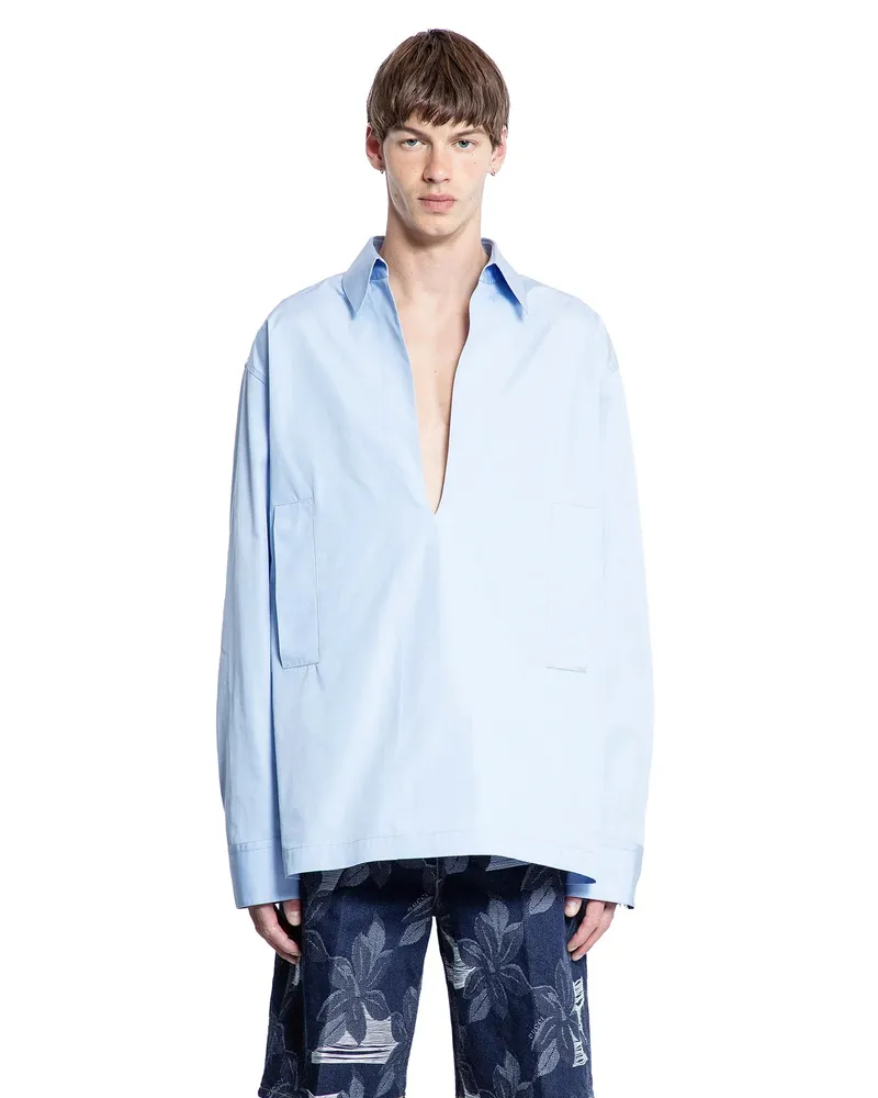 Gucci V-Neck Cotton Poplin Shirt Blue