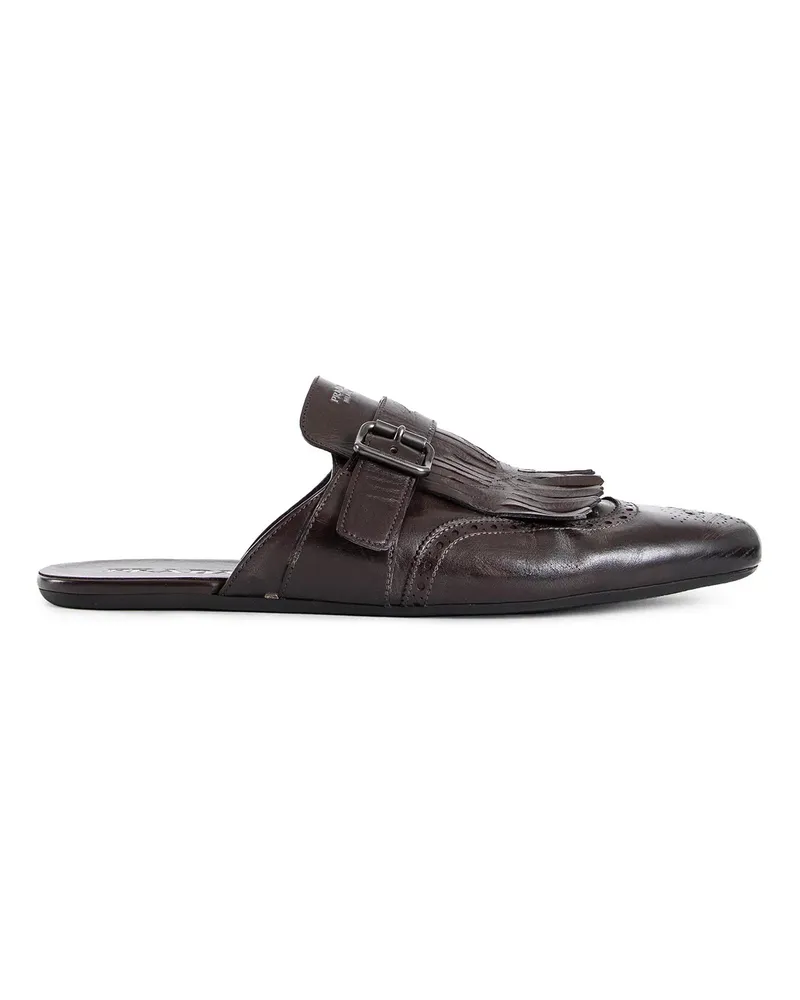 Prada Mocassini in pelle con frange e cinturino monaco Brown