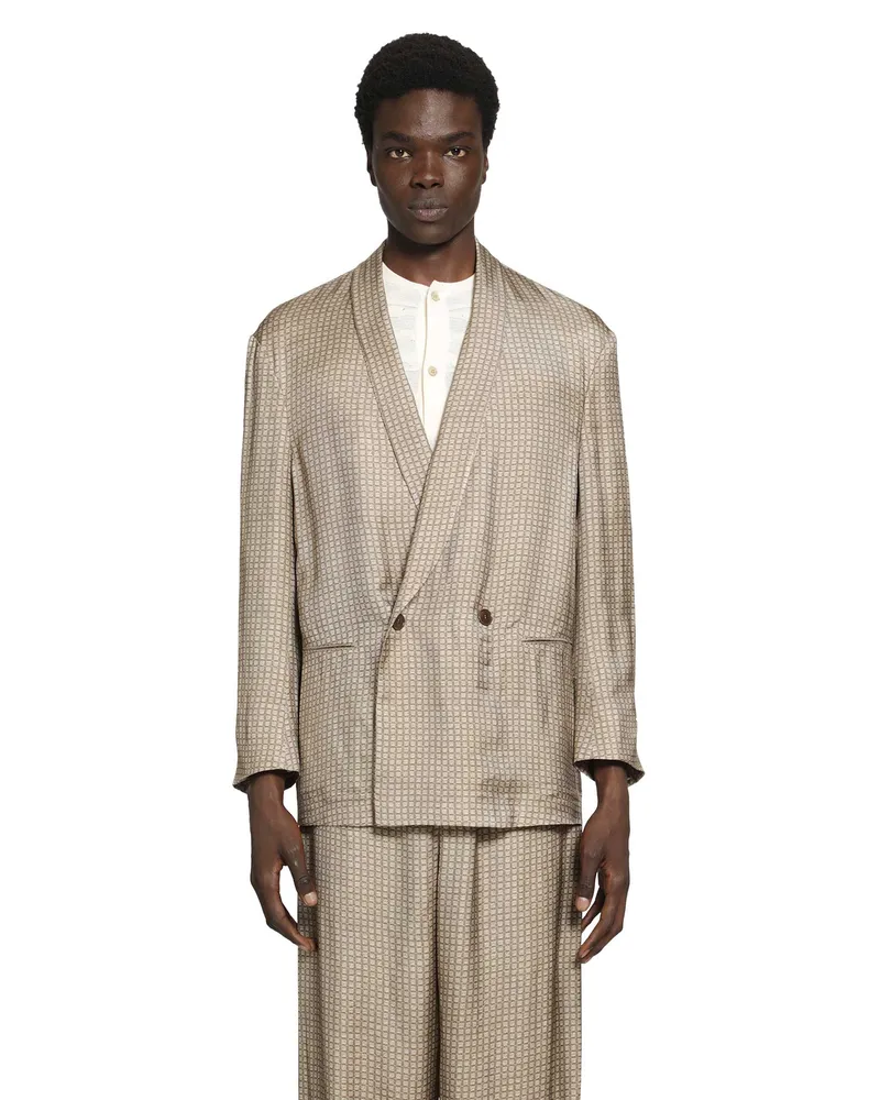 Giorgio Armani Double-Breasted Blazer in Viscose Check Beige