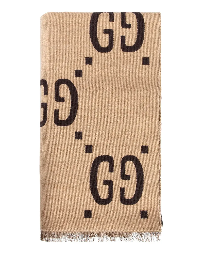 Gucci GG Jacquard Wool Silk Scarf Beige