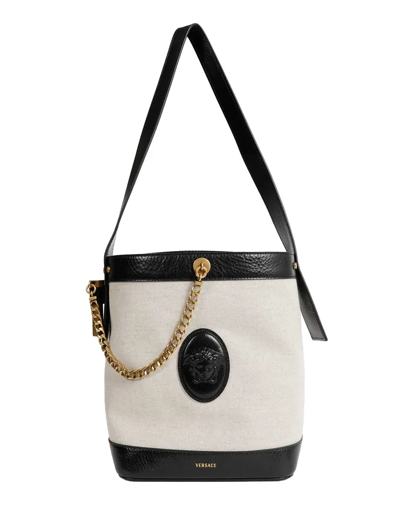 Versace Pivot Small Canvas Bucket Bag Beige