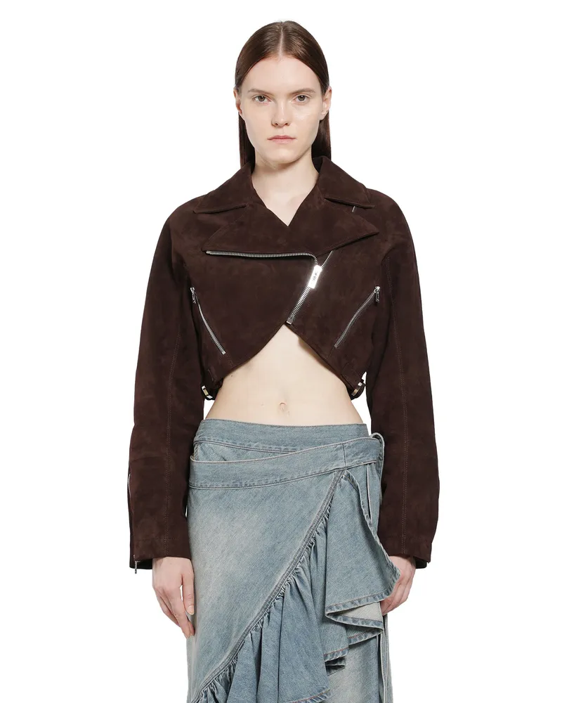 Alaïa Suede Cropped Biker Jacket Brown