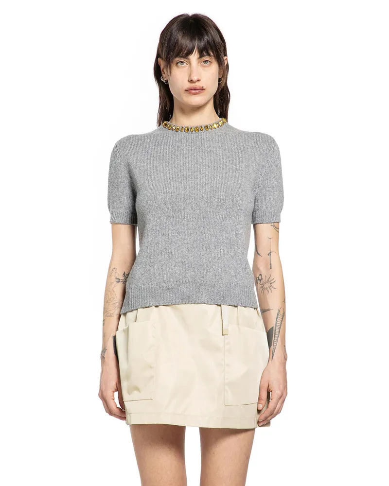 Prada Wool Cashmere Short Sleeve Sweater Grey