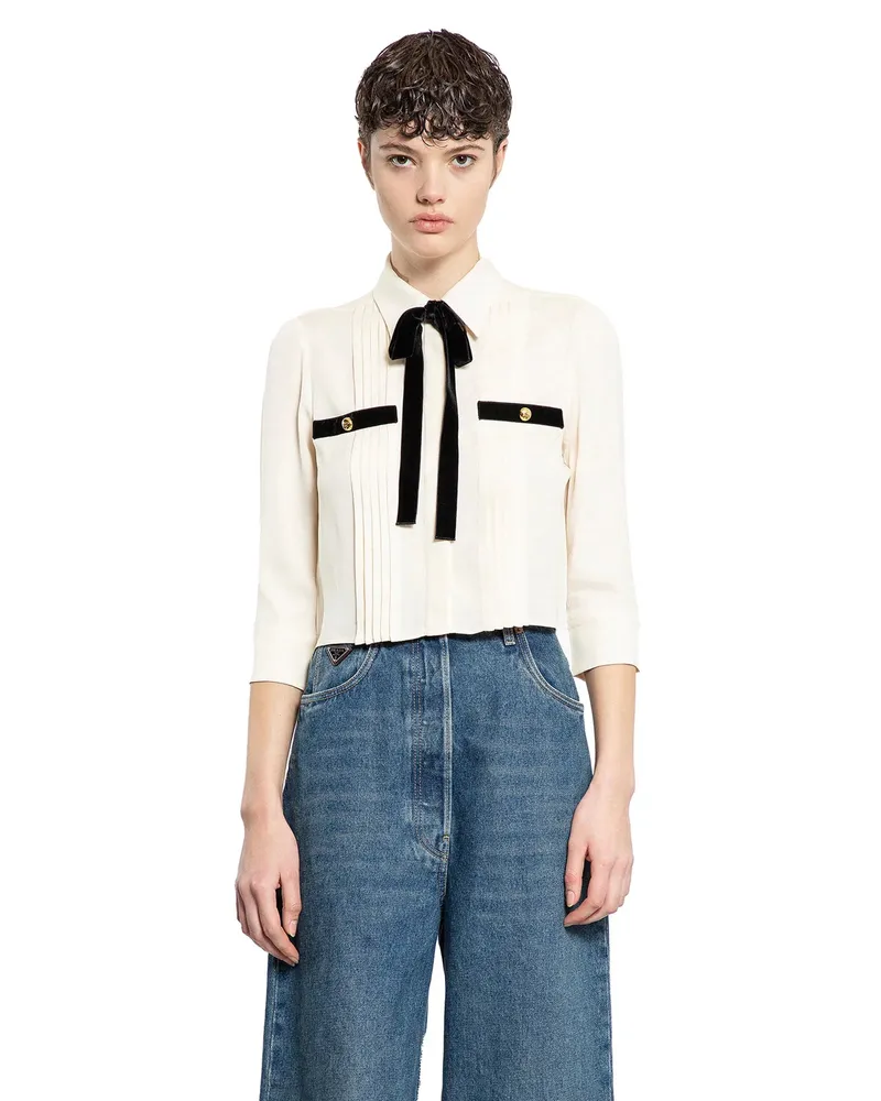 Prada Sablé Cropped Bow Shirt Off-white
