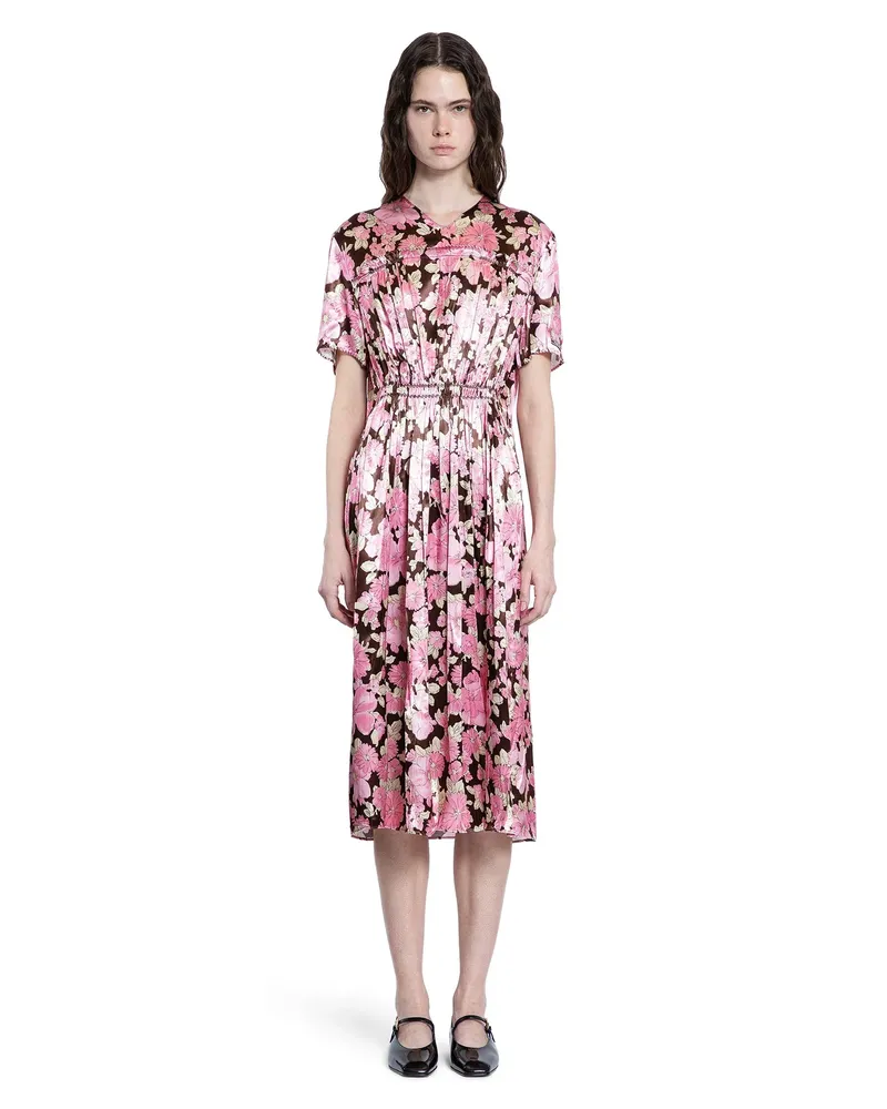 Prada Embroidered Satin Midi Dress Pink
