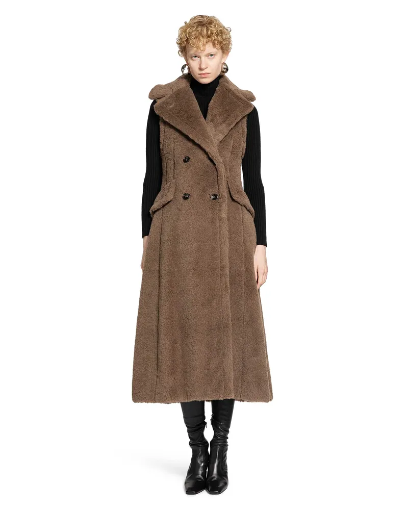Max Mara Boario Teddy Fabric Sleeveless Coat Brown