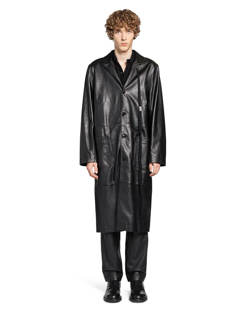 Ann Demeulemeester Adonis Coat in Satin Structured Leather Black