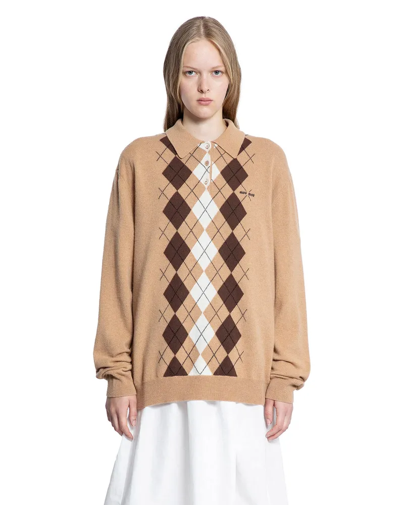 Miu Miu Argyle Cashmere Polo Sweater Beige