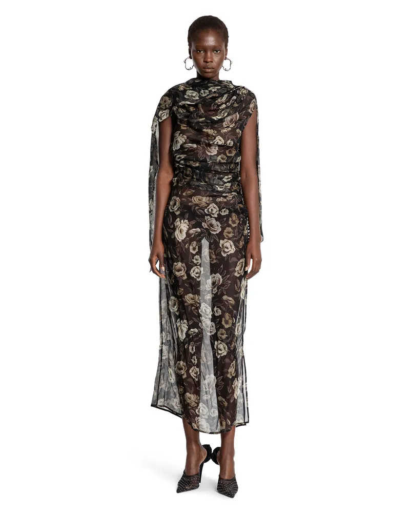 Magda Butrym Draped High-Neck Dress in Floral Print Black