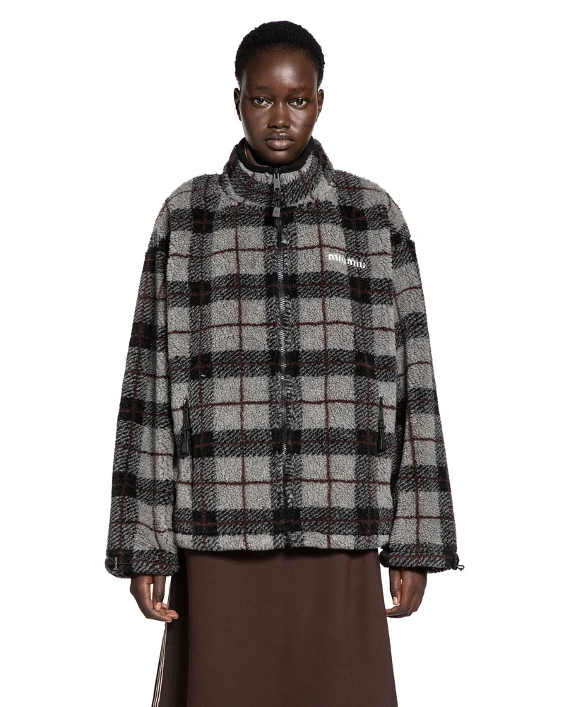 Miu Miu Check Fleece Zip-Up Jacket Grey
