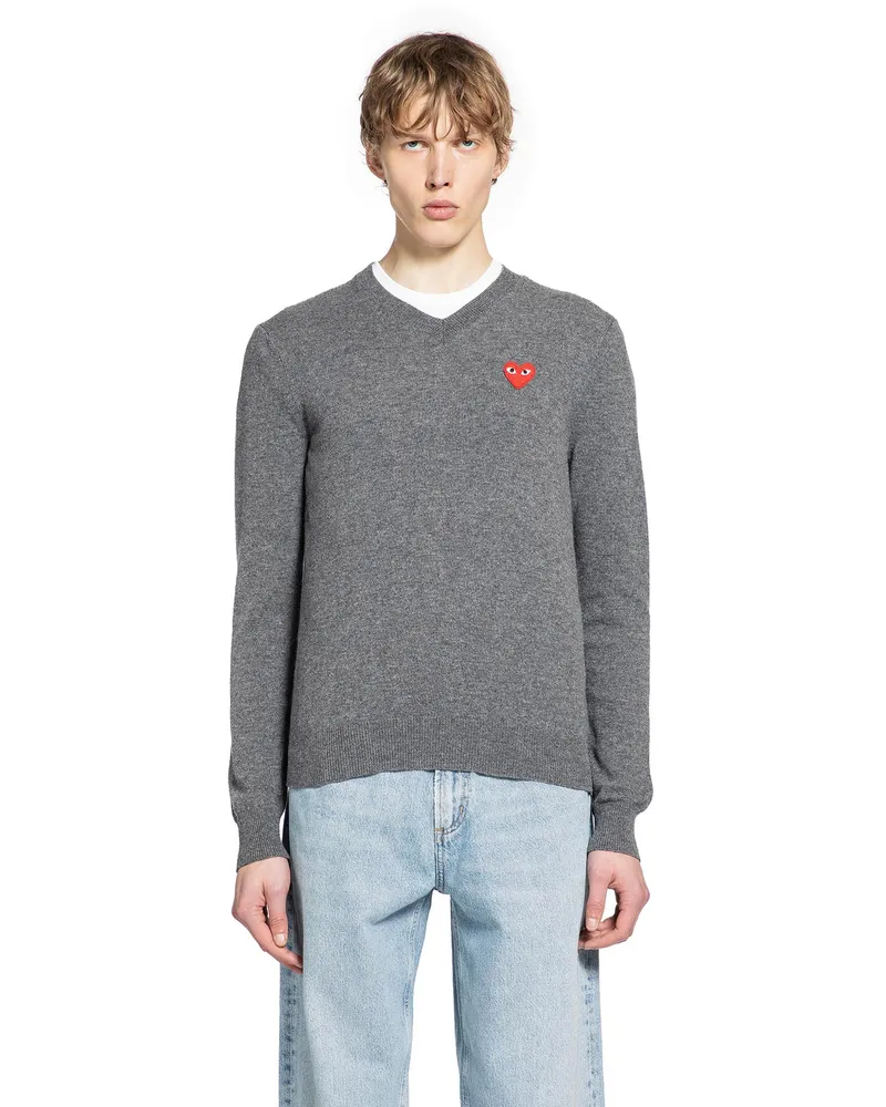 Comme des Garçons Heart V-Neck Sweater in Wool Grey