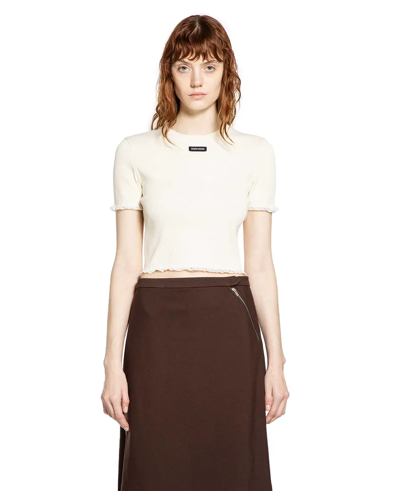 Miu Miu Cotton Rib and Lace Crop Top Off-white