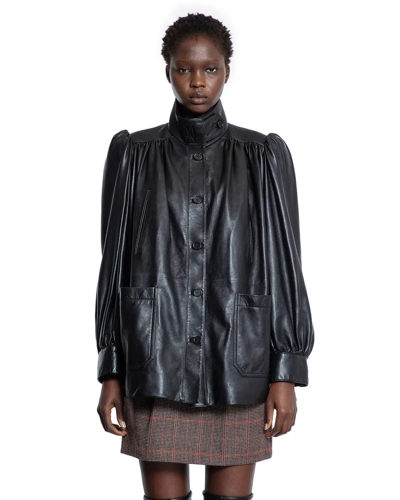 Chloé High-Neck Coat in Plongé Nappa Leather Black