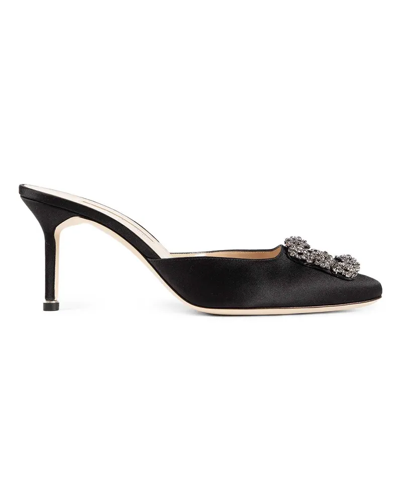 Manolo Blahnik Hangimisu Satin Buckle Mules Black