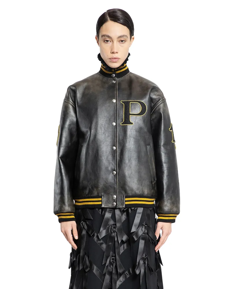 Prada Leather Bomber Jacket with Patch Black
