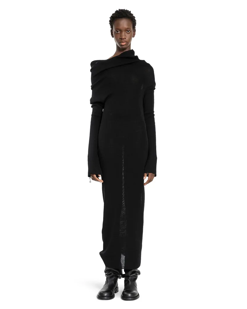 Ann Demeulemeester Barbro Long Dress in Ultralight Crêpe Wool Knit Black