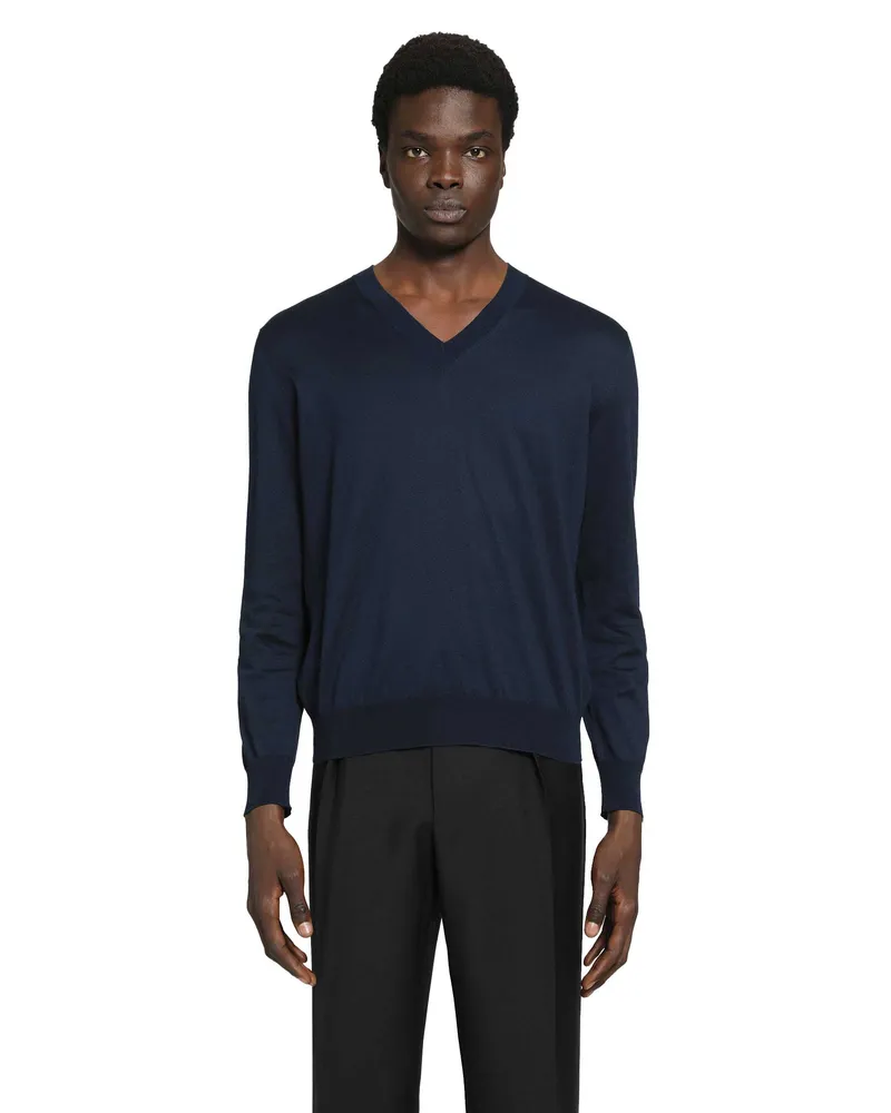Prada Cotton V-Neck Sweater Blue