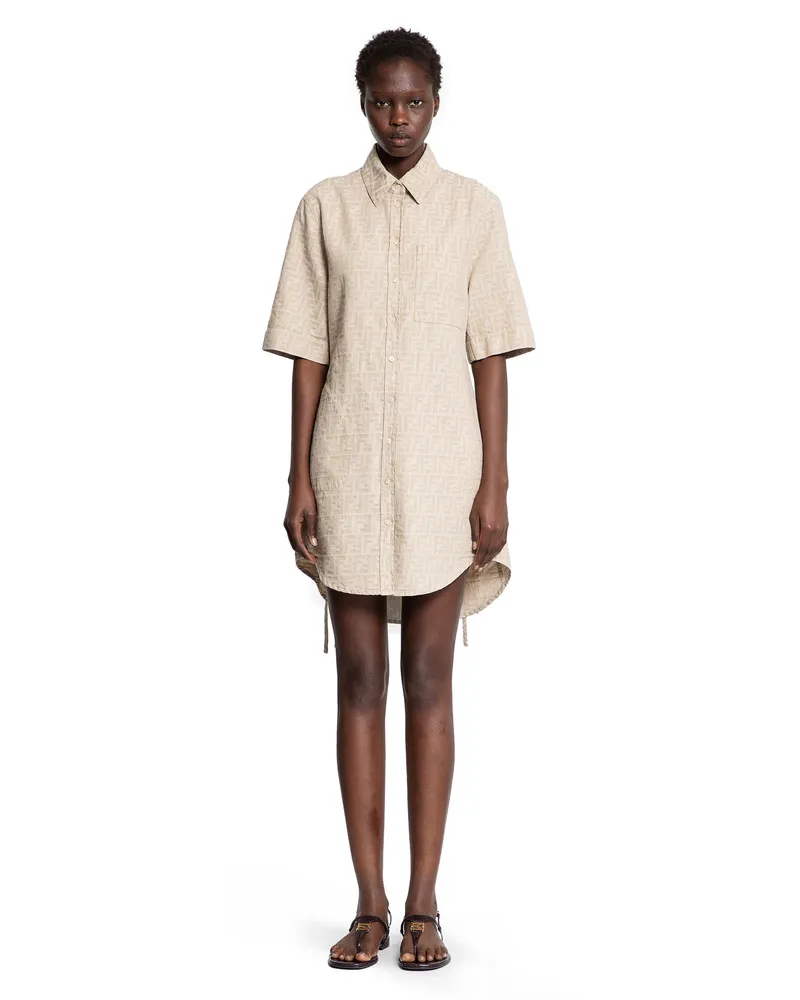 Fendi FF Chambray Denim Pocket Shirt Dress Beige