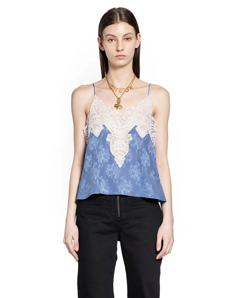 Chloé Camisole Top in Silk Jacquard and Lace Blue
