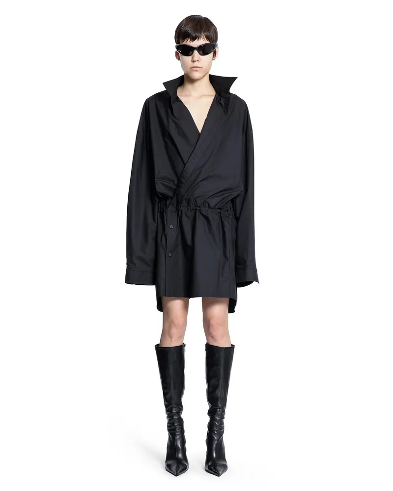 Balenciaga Abito Mini Camicia in Popeline di Cotone Black