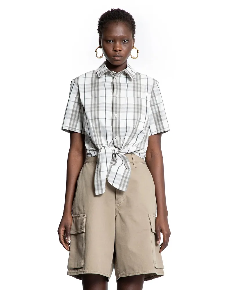 Burberry Cropped Check Cotton Short Sleeve Shirt Grey