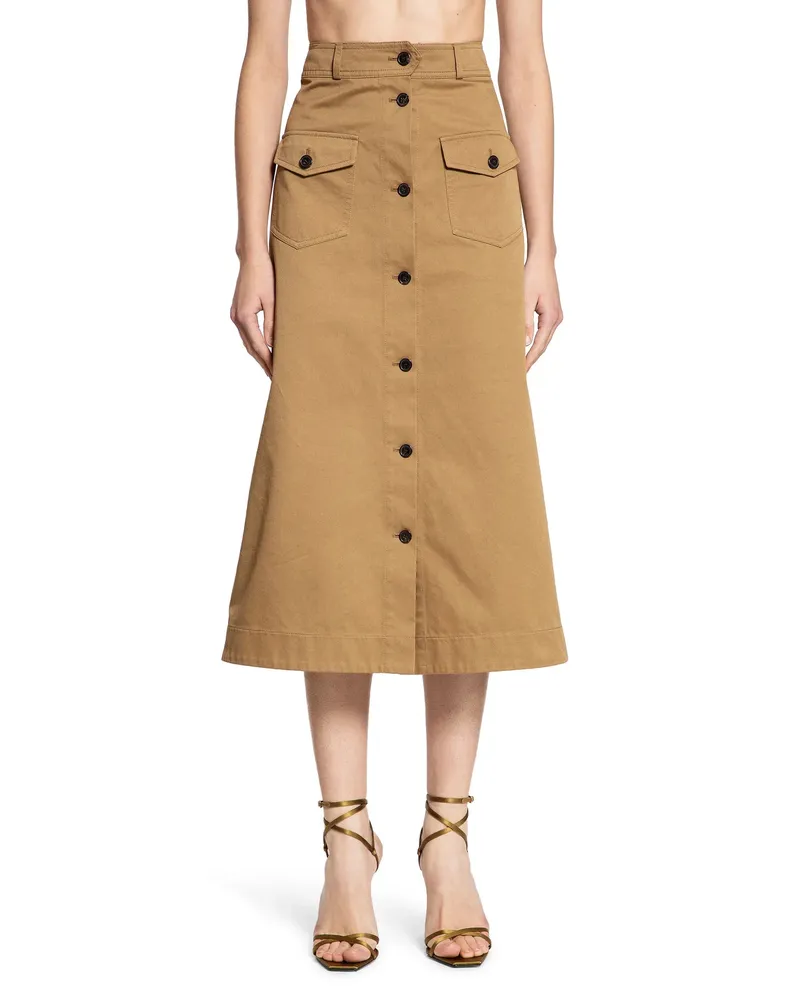 Saint Laurent Long Pocket Skirt in Cotton Serge Brown