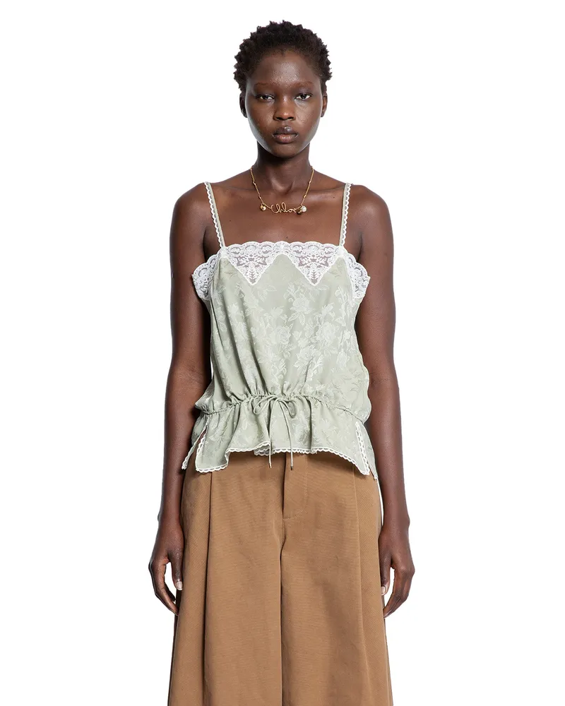 Chloé Drawstring Camisole Top in Silk Jacquard and Lace Green