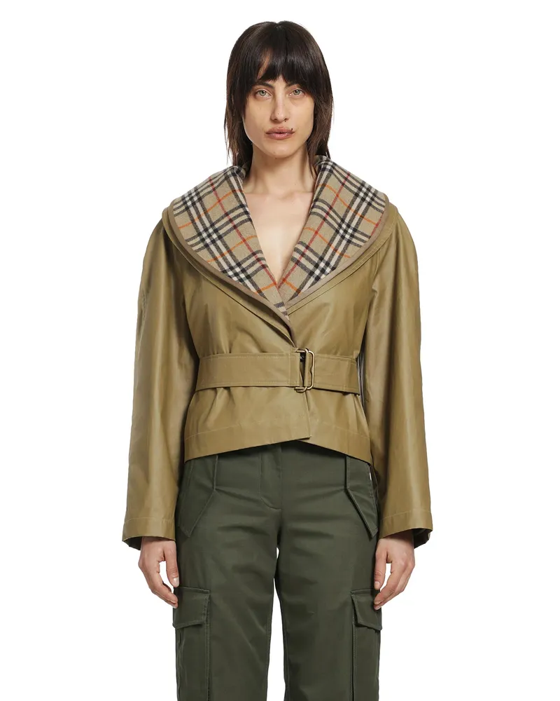 Burberry Cropped Cotton Jacket with Check Warmer Beige