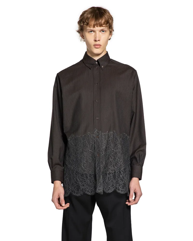 Fendi Striped Wool with Lace Hem Shirt Black