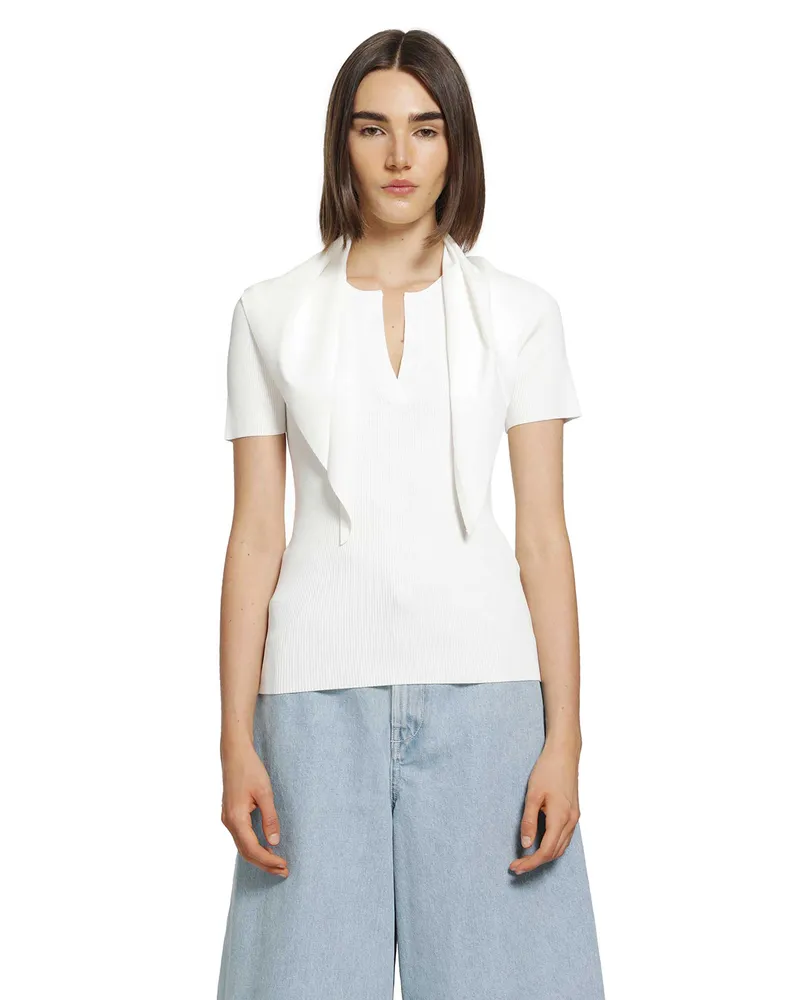 Max Mara Tie-detailed Ribbed-knit T-shirt White