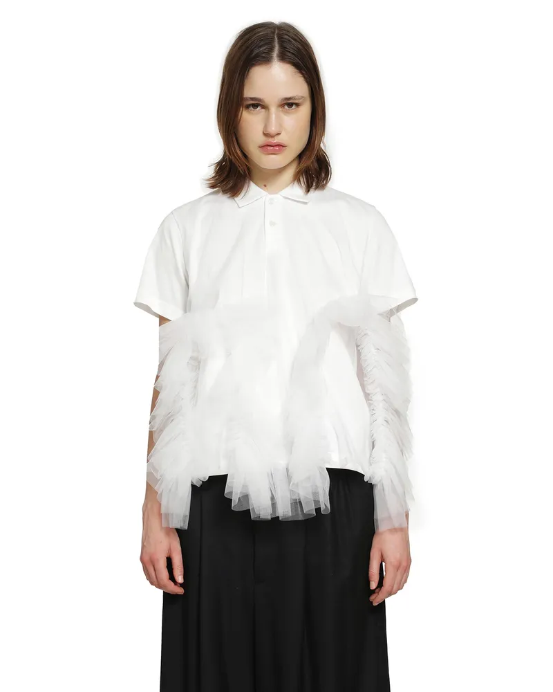 Noir Kei Ninomiya Cotton Poplin and Ruffled Tulle Polo Shirt White