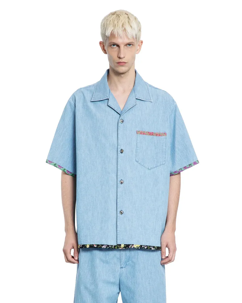 Valentino Garavani Denim Bowling Shirt with Floral Print Trim Blue