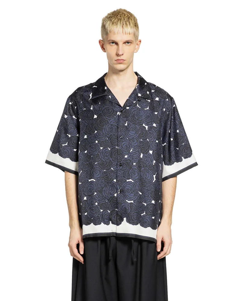 Givenchy Rose Print Silk Bowling Shirt Blue