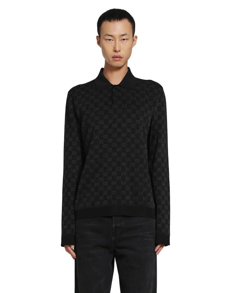 Gucci Viscose GG Jacquard Polo Shirt Black