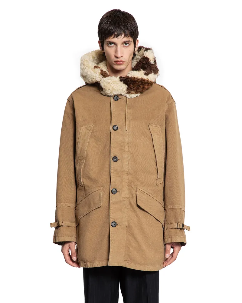 Prada Canvas and Shearling Parka Beige