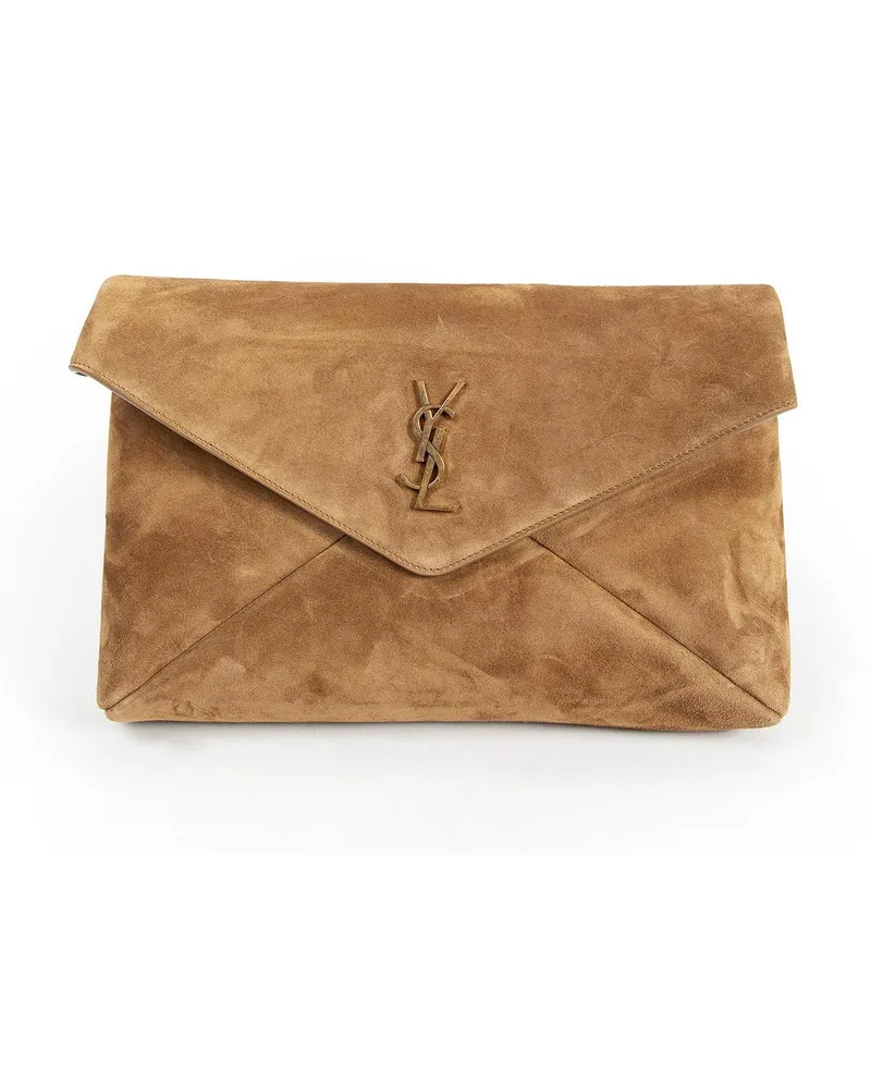 Saint Laurent Cassandre Envelope Pouch in Suede Beige